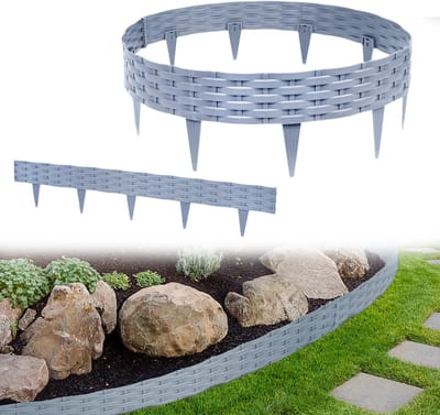Froadp 5m Grasmaaierrand Bloembedrand Tuinpalisade met 5 Elementen á 100 cm Kunststof Rotan Design Bloembedhek Wilgenhaag Palissades Buisvormig UV-bestendig Weerbestendig Aarde Priem Grijs