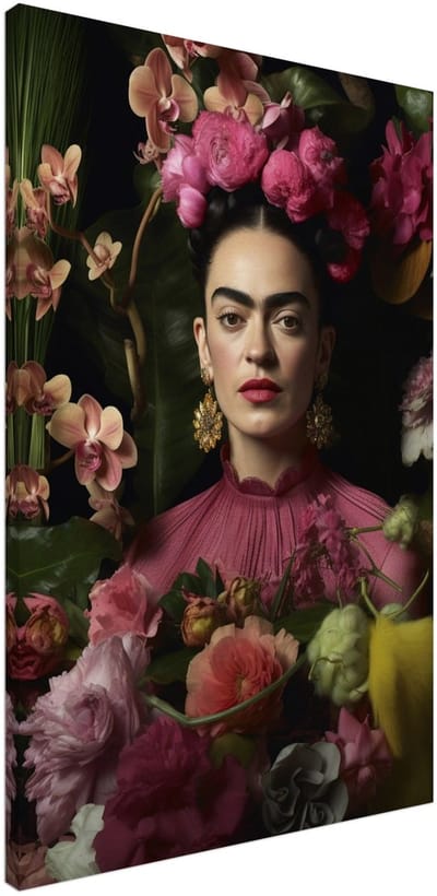 Canvas Schilderij - Frida Kahlo – Floral portrait 60x90 cm - Portretten Wanddecoratie Woonkamer & Slaapkamer