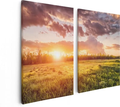 Artaza Canvas Schilderij Tweeluik Zonsopkomst In Het Veld - 80x60 - Foto Op Canvas - Canvas Print