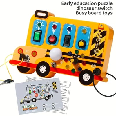 Jouet éducatif bus scolaire interactif pour enfants de 18 mois et plus avec lumières, interrupteurs et sons de moteur réalistes. Jeu sensoriel yellow
