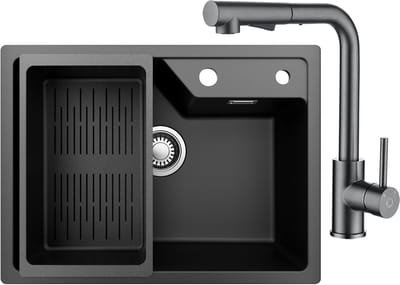 CECIPA Max Granieten Spoelbakken (65*45cm) Zwart - Spoelbak Keuken Met Keukenkraan Met Uittrekbare Uitloop - Wasbak Keuken Met Waterafvoersysteem en Wasbak Vergiet