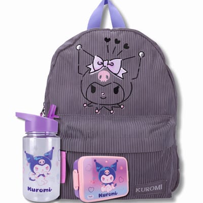 Kuromi Schooltas Set Meisjes 3-Delig – Ribstof Rugzak, Broodtrommel & Drinkfles – Paarse Schoolset