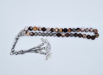 Handgemaakte naam tasbih 33 Kralen Natuursteen “Australia zebra jasper” - met metaal tassel “Ogen"- Met je naam of de naam van uw geliefde- 8 mm diameter van de korrel