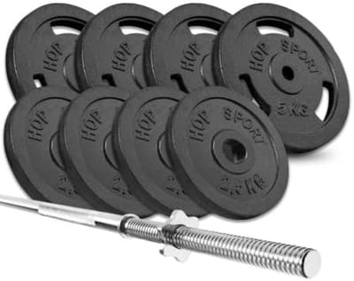 Hop-Sport Halterset 39 kg – Gietijzeren Gewichten met Lange Halterstang voor Krachttraining Thuis – Duurzaam en Robuust