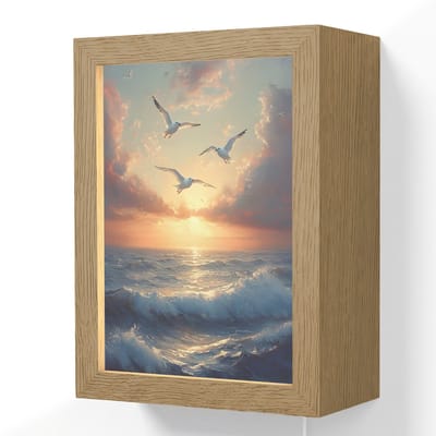 Wandlamp 15x20 cm - Oplaadbaar - Meeuwen - Zonsondergang - Zee - Wolken - Wandlampen binnen woonkamer - Slaapkamer lamp met kabel - Decoratieve nachtlamp - Vloerlamp snoer