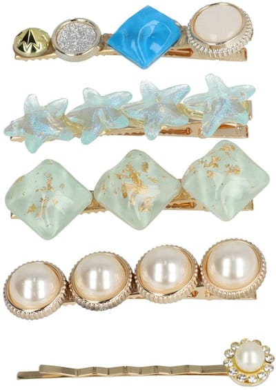 Haarsoires Haarspeld Duckklemmen & Schuifspeldje 6cm – Cirkel Vierkant Ster – Goud Creme Blauw – Set van 5 - Haarclip - Haarklem - Makkelijk in Gebruik - Sterke Haarclip voor Styling & Dagelijks Gebruik - Hair Clip - Decoratieve Haaraccessoire