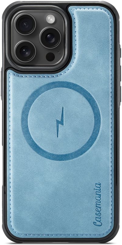 Casemania Hoesje Geschikt voor Apple iPhone 16 Pro - Aqua Blue - Magnetische Telefoonhoesje Compatibel met MagSafe - Kunstleer Back Cover met Anti-Slip Grip Randen