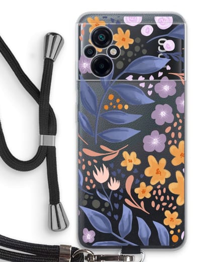 Case Company® - Hoesje met koord geschikt voor Xiaomi Poco M5 hoesje met Koord - Flowers with blue leaves - Telefoonhoesje met Zwart Koord - Bescherming aan alle Kanten en Over de Schermrand
