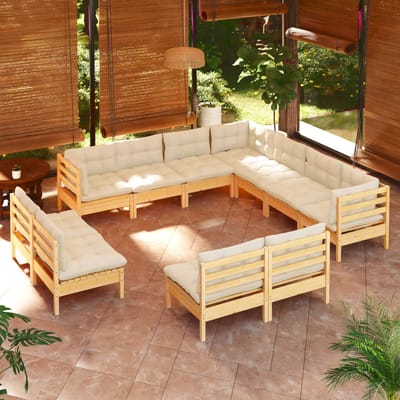 vidaXL - 11-delige - Loungeset - met - crèmekleurige - kussens - grenenhout