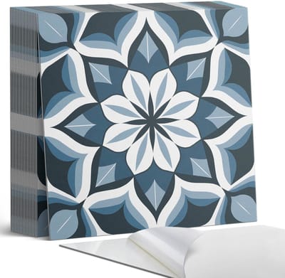 Coloray Plaktegels - Bloemmotief in symmetrie Zelfklevende Tegels - 20 cm x 20 cm - Blauw Plaktegels - 20 stuks - Vierkant PVC Tegels - Plaktegels Badkamer - Plaktegels Vloer - Vinyltegels Vloer Zelfklevend - Wandtegel Zelfklevend