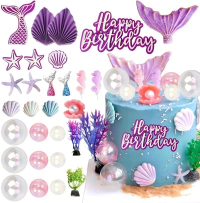 Dailygoods - Zeemeermin Taartdecoratie 29 Stuks – Taartdecoratie Zeemeermin Set voor Kinderverjaardagen, Happy Birthday Cake Topper, Schelpen, Zeepaardjes, Zeemeerminnen Taartversiering, Decoratie Meisjesfeest