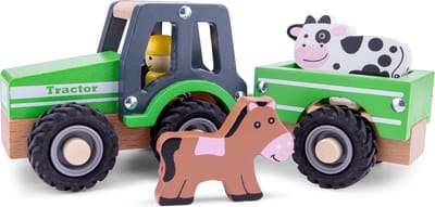 Woet® Houten Tractor met Aanhanger - Inclusief 2 Boerderijdieren - Groen - Educatief Speelvoertuig - Rollenspel Speelgoed - Vanaf 18 Maanden