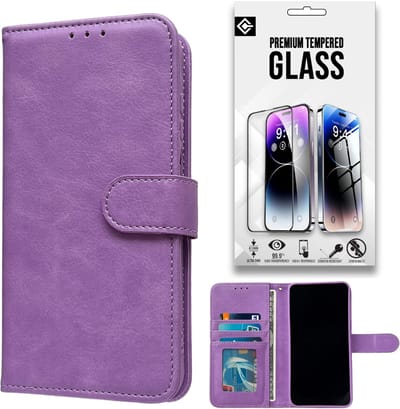 Casemania Hoesje en Glas Geschikt voor Samsung Galaxy A17 5G - Paars - Luxe Portemonnee Book Case met Pasjeshouder - Wallet Case Telefoonhoesje - 1x Tempered Glazen Screenprotector