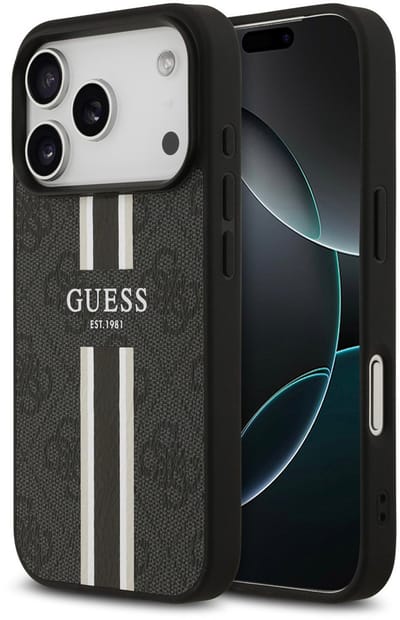 Hoesje geschikt voor Apple iPhone 17 Pro - Guess 4G Printed Stripes Hard Case Back Cover - Geschikt voor MagSafe - Zwart