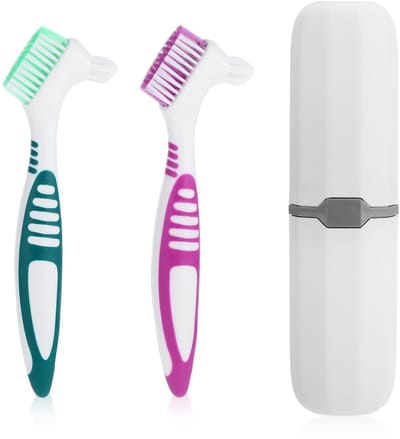 Dailygoods- Tandprothesen Reinigingsborstelset - Kunstgebit Borstel - Dubbelzijdige Borstelharen - Opbergdoos - 2 Stuks - Ergonomische Grip - Kunstgebitborstel
