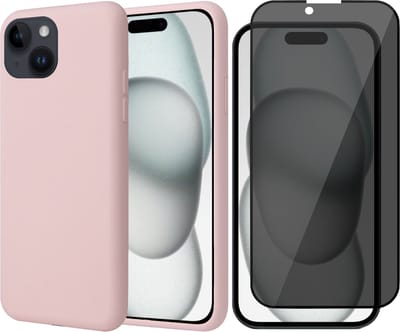 Hoesje geschikt voor iPhone 15 Plus - Privacy Screen Protector FullGuard - Back Cover Case SoftTouch Roze & Screenprotector