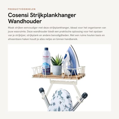 Dailygoods- Strijkplankhanger met grote opbergmand - Strijkplankhouder - Wandhouder - Metalen haken - T/Y-vormige poten - Stijlvol en robuust