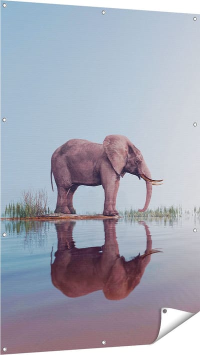 Gards Tuinposter Olifant bij het Water - 100x150 cm - Tuindoek - Tuindecoratie - Wanddecoratie buiten - Tuinschilderij