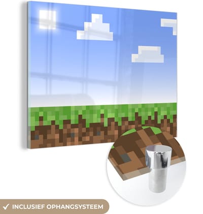 MuchoWow® Glasschilderij 160x120 cm - Schilderij acrylglas - Gaming - Pixel - Gamen - Gras - Foto op glas - Schilderijen
