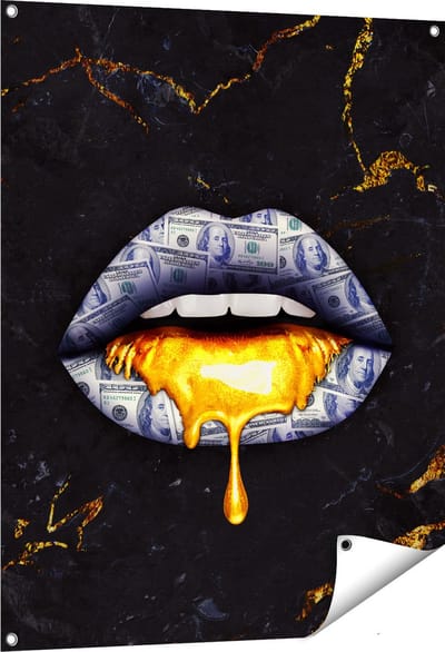 Gards Tuinposter Dollar Lippen met Goud - 80x100 cm - Tuindoek - Tuindecoratie - Wanddecoratie buiten - Tuinschilderij