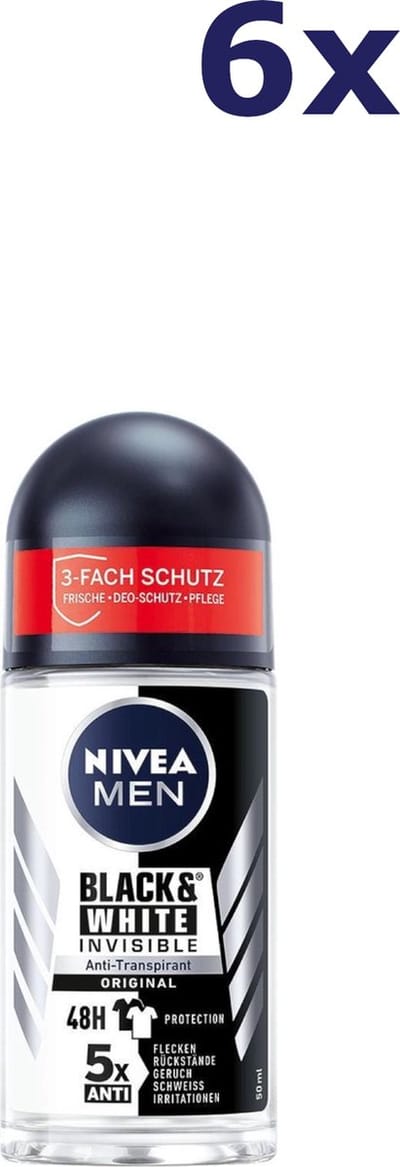 6x Nivea men Anti-Transpirant Roll-on Black & White Invisible 50ML