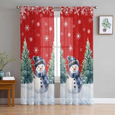 Kerst Winter Sneeuwpop Transparante Gordijnen voor Woonkamer Decoratie Raamgordijnen Keuken Tule Voile Gordijnen W135 x H115cm x1 red