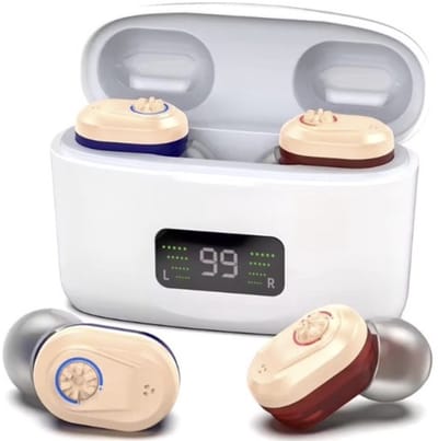 Medj- Beige - Gehoorapparaat -Magnetisch- Opberg box - Oplaadbaar in box 2x Mini Intelligent digitaal Gehoorapparaat - 5 Volume standen - Geluid Reductie - Universeel