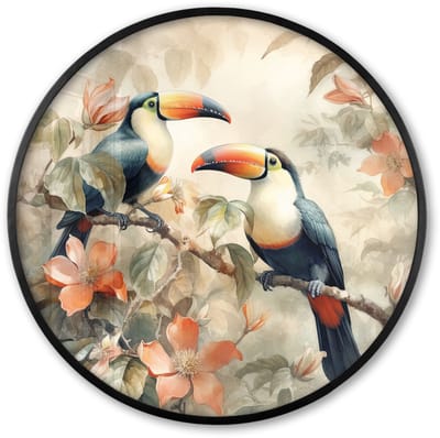 Poster in lijst Rond - Fotolijst 60x60 cm - Posters - Toekan - Vogels - Bloemen - Tak - Ronde posterlijst zwart - Decoratie - Wanddecoratie woonkamer - Muurdecoratie slaapkamer