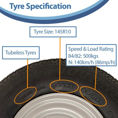 145R10 Aanhangwagenwiel, band 10 inch, 500 kg, 84/82N, 4 bouten, 4 inch PCD, E-keur (set van 2)