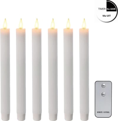 Comforder 6 LED kaarsen met Afstandsbediening - Lange Elektrische Dinerkaarsen op Batterijen met Timer en Flikkerende Vlam - 25cm Wit