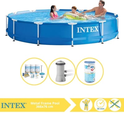 Intex Rond Frame Zwembad - 366 x 76 cm - Blauw - Inclusief Onderhoudspakket - Zwembadfilterpomp - Filter - 4-delig