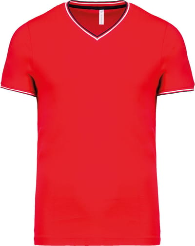 Rood met blauw-wit t-shirt met streepje bij kraag en mouw V-hals merk Kariban maat 3XL