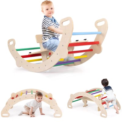 COSTWAY Klimboog, met afneembare zitting, 4-in-1 klimrek voor binnen, om te schommelen, klimmen en kruipen, houten klimdriehoek, boogwip voor kinderen vanaf 1 jaar, zithoogte 23,5 cm (kleurrijk)