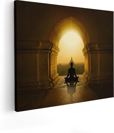 Artaza Canvas Schilderij Boeddha Meditatie - 100x80 cm - Groot - Wanddecoratie Zonsondergang - Muurdecoratie Spiritueel - Schilderijen Op Canvas