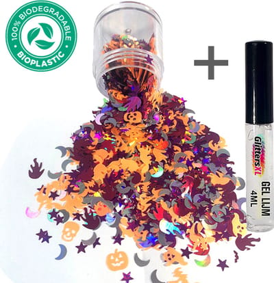 Halloween Chunky Glitters (Paars/Oranje) + Glitter Huid Lijm [Volume 8g - Festival Jewels Glitter Outfit Lichaam en Gezicht - Make-up nep wond tattoo spin bloed decoratie masker kostum mastix - Kinderen Volwassenen Dames Heren Schmink]