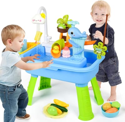 Blauw Watertafel Voor Peuters Van 1-3 Jaar, Watertafel Met Pomp, Speelgoedkeukenset Voor Kinderen Van 4-8 Jaar, Speelgootsteen Met Stromend Water En Elektrische Kraan, Inclusief Speelgroenten, Servies En Visspel