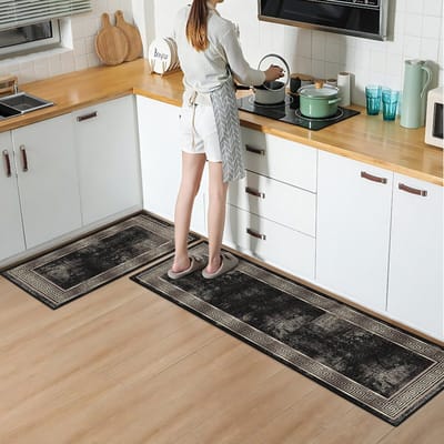 Vloerkleed Keukenloper set 65x180 & 60x100 cm - Deurmat binnen - Halloper set - Gold & Zwart - Wasbaar Antislip Zacht Tapijt