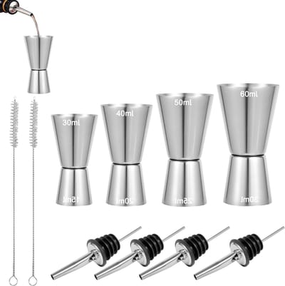 Cocktail Maatbekerset van RVS met Dubbele Jigger en Accessoires voor Thuisbar en Feestjes - 4 Stuks, Inclusief Flesconnectoren en Schoonmaakborstels