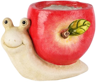 Dekoratief | Bloempot slak m/appel, bruin/rood, resina, 22x15x16cm | A260535