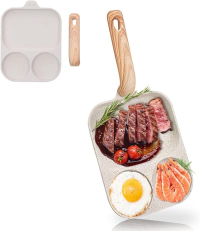 Nonstick Eierpan - Grillpan Ontbijt - Snel Ontbijt Maken - 3-delige Vakscheiding - 40 x 19 cm - Wit