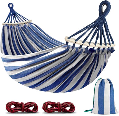 Dailygoods- Hangmat outdoor campinghangmat - gebogen houten stang - bevestigingsriemen - draagtas - 216 cm x 155 cm - tot 250 kg draagvermogen - Schommel