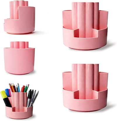 360 Graden Draaibare Bureau Organizer met 10 Compartimenten, Ideaal voor Kantoor, School en Thuis, Roze Penhouder