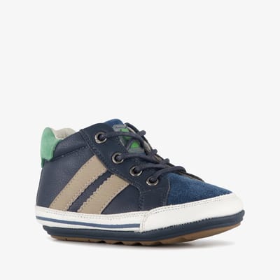 Groot leren babyschoenen met strepen donkerblauw - Maat 19 - Uitneembare zool - In cadeauverpakking