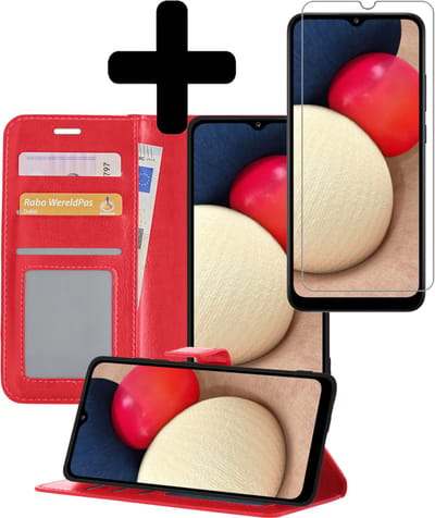 Hoesje - Met Screenprotector - Geschikt voor Samsung Galaxy A02s - Luxe Pasjeshouder - Bookcase Portemonee - Flip Case - Kunstleer Book Case - Flipcase - Book Cover - Walletcase - Portemonneehoes - Telefoonhoesjes - Rood