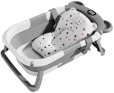 Venzor - Opvouwbare Babybadkuip met Thermometer - 67*42*21cm - Antislipkussen – Draagbaar Inklapbaar Babybadje – Grijs