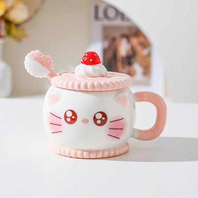 Creatieve Leuke Cartoon Keramische Mok Roze Meisjes Hart Cadeau Kop Waterbeker met Deksel Lepel Varken Kat Kop 401-500ml