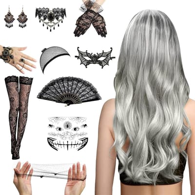 Zilveren grijze krullende Halloween pruik voor vrouwen, 70 cm lang, perfect voor cosplay en carnaval.