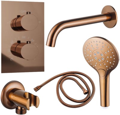 FugaFlow Eccelente Acces Badkraan set - uitloop - 22cm inkortbaar - metalen slang - ronde handdouche - inbouwdeel - wandhouder - geborsteld koper PVD