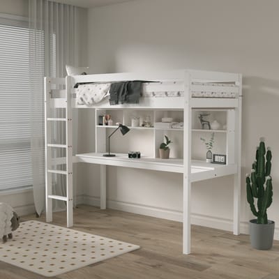 Sunny Sil Hoogslaper – Kinderbed Met Bureau – Met Boekenplank - Met Uitvalbeveiliging en rechte ladder - 208 x 97 x 172 cm – Peuterbed Meisjes en Jongens – FSC 100% Hout – Met Lattenbodem - Exclusief Matras – Wit