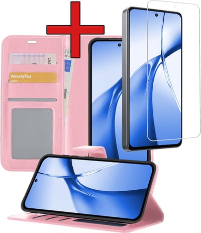 Hoesje - Met Screenprotector - Geschikt voor OnePlus Nord CE4 - Luxe Pasjeshouder - Flipcase - Bookcase Portemonee - Flip Case - Kunstleer Book Case - Book Cover - Walletcase - Portemonneehoes - Telefoonhoes - Lichtroze